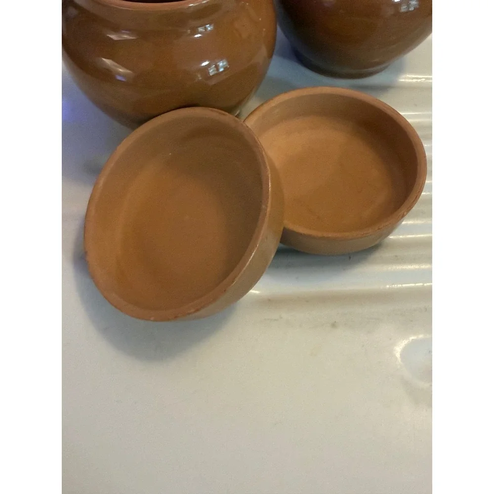 Vintage Terracotta Jars with Fluted Lids Set of 2 Brown Glazed Canisters